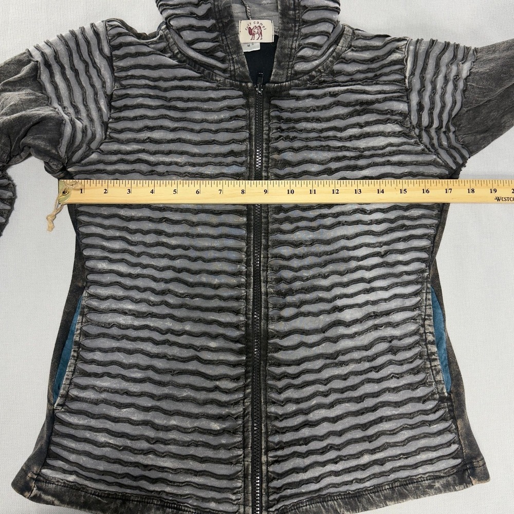 Fuzy Camel Womens M Black Grey Textured Striped Zip Up Hoodie Cotton Nepal Boho - Picture 7 of 12
